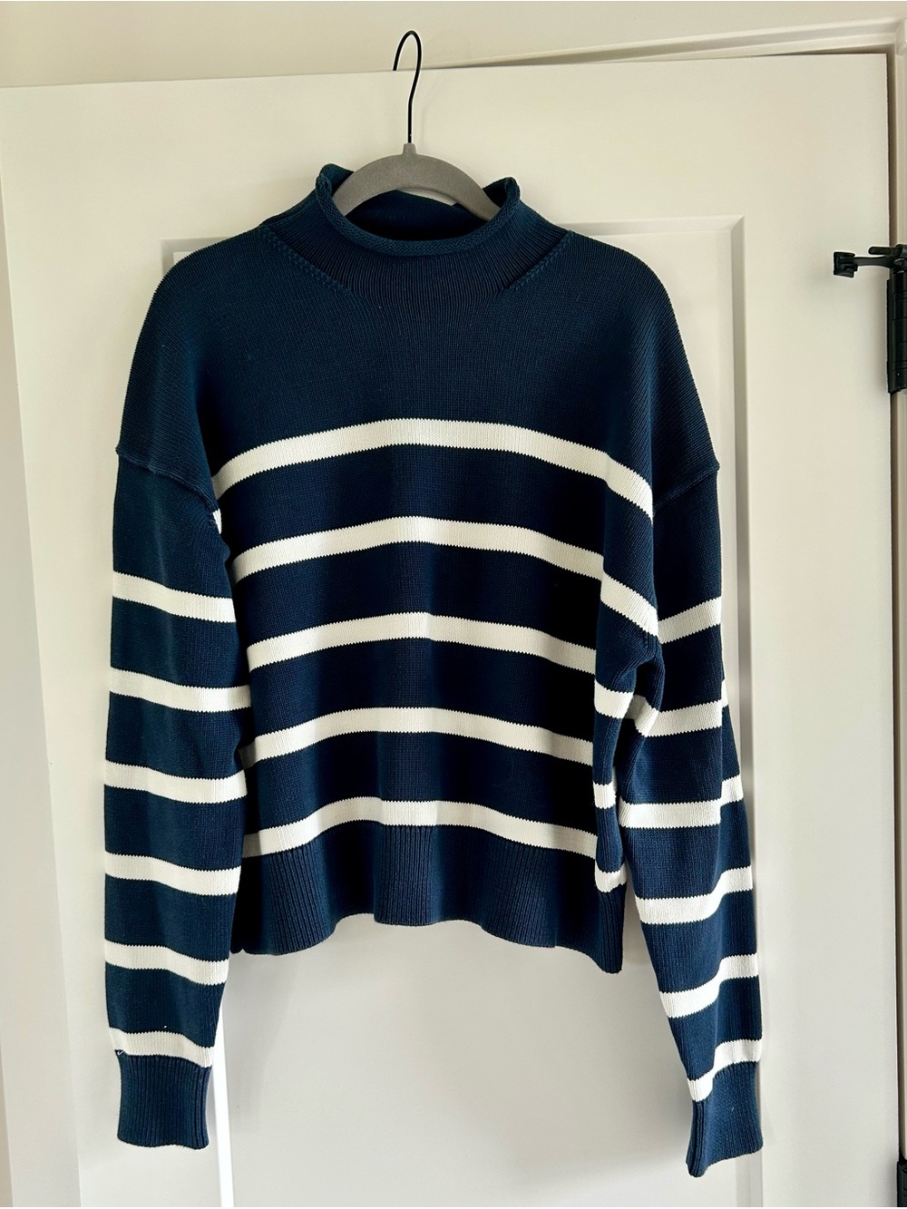 Club Monaco Navy and White Striped Turtleneck Sweater
